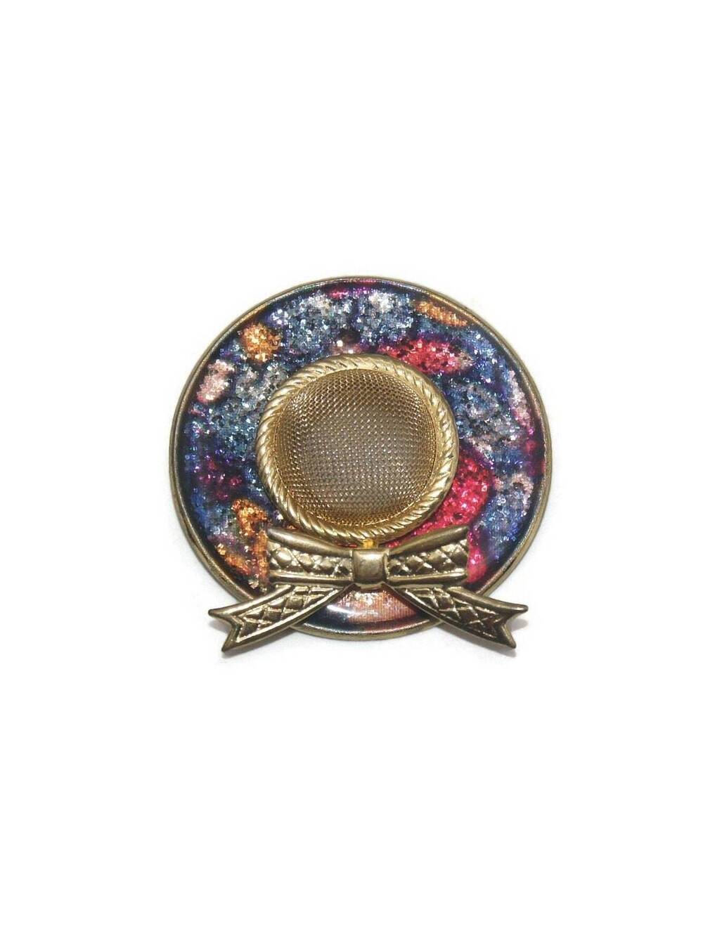 Vintage Gold Tone, Pink, Orange and Blue Glitter Enamel Round Brooch with Bow.